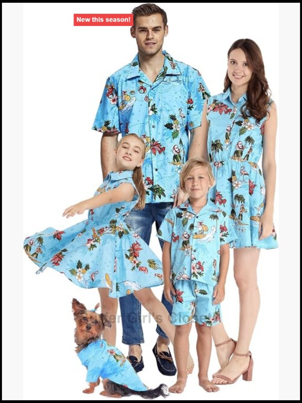 Family Matching Hawaiian Luau Shirts Dresses Set - Santa in Hawaii Turquoise